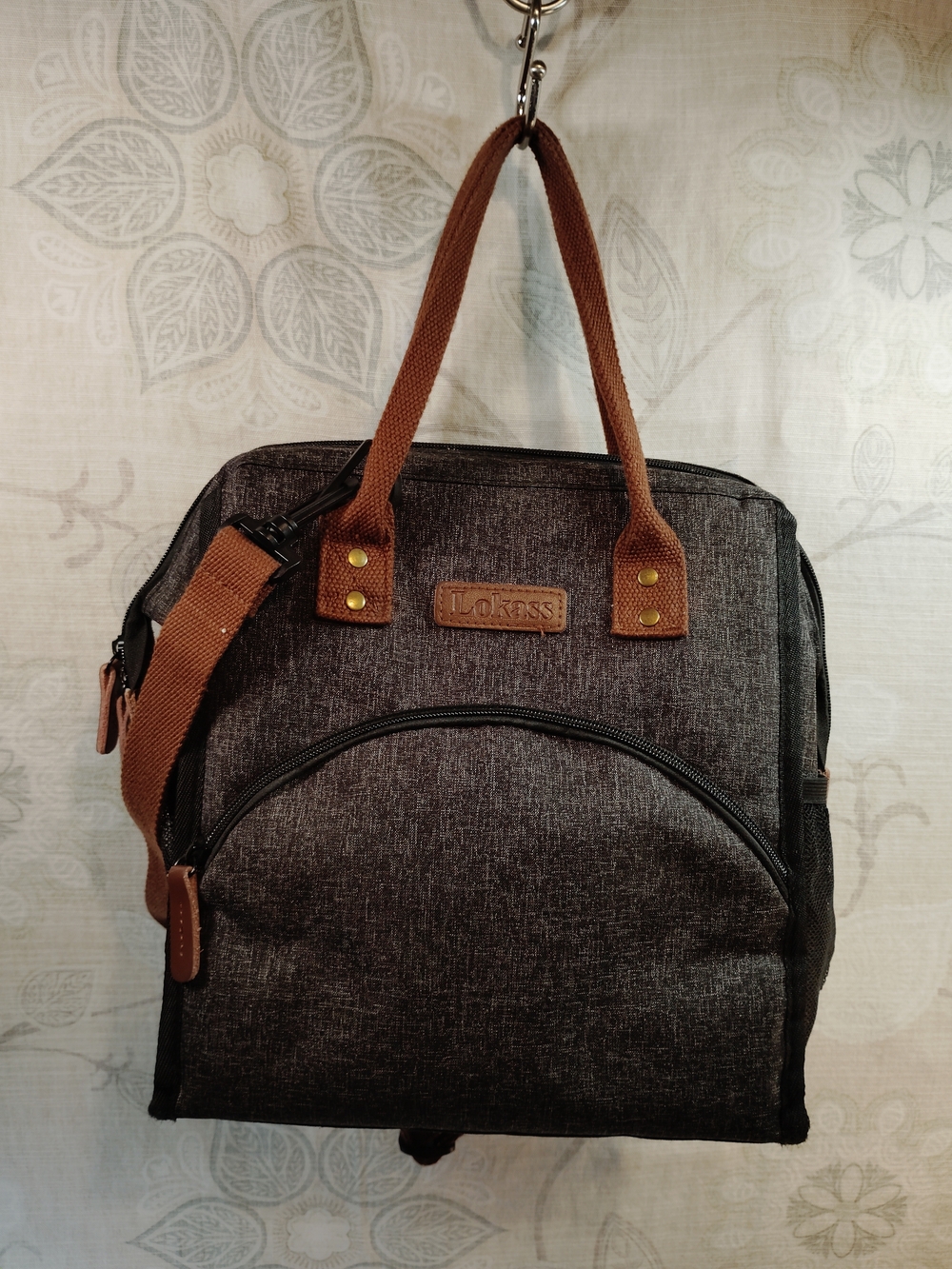 Lokass Canvas Insulated Lunch/ Food Tote Bag in Charcoal with Brown Accents